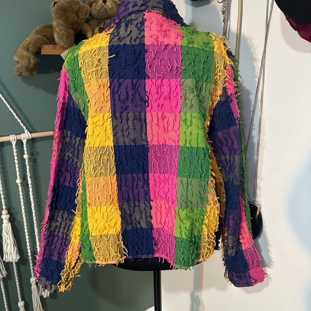 90s Color-block Patchwork Jacket Medium Textured Fringe Cotton Button Up Coat - Picture 3 of 4